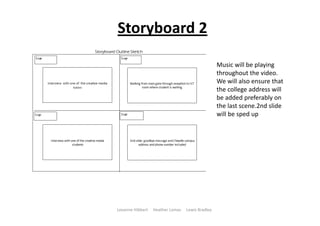 Storyboard 2
Leeanne Hibbert     Heather Lomas     Lewis Bradley
Music will be playing 
throughout the video. 
We will also ensure that 
the college address will 
be added preferably on 
the last scene.2nd slide 
will be sped up
 