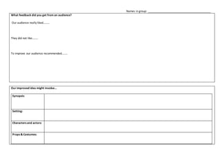 Names in group: ________________________________________
What feedback did you get from an audience?
Our audience really liked………
They did not like……..
To improve our audience recommended……..
Our improved idea might involve…
Synopsis:
Setting:
Characters and actors:
Props & Costumes:
 