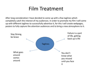 Film Treatment
After long consideration I have decided to come up with a few taglines which
completely catch the interest of my audiences. In order to promote my film I will come
up with different taglines to successfully advertise it, for this I will create webpages,
posters to fully capture the attention audiences and to bring a new atmosphere to it.
Taglines
Failure is a part
of life, getting
back up is life
What goes
around
comes
around
You don’t
know what
you missed
until you face
it
Stay Strong,
be brave
 