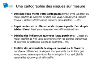 Une cartographie des risques sur mesure
• Dessinez vous-même votre cartographie: vous avez un accès au
  méta-modèle de données de ROK que vous customisez à volonté
  (risques, facteurs déclenchant, impacts, plan d’actions ….etc.)

• Implémentez votre référentiel de risques à partir d’un simple
  tableur Excel: Idéal pour récupérer vos référentiel existant

• Décidez des indicateurs que vous jugez pertinents: L’accès au
  méta-modèle de Rok vous autorise à créer vos propres indicateurs
  et barèmes de notation, points de contrôles… etc.)

• Profitez des référentiels de risques présent sur le Store: de
  nombreux référentiels de risques sont proposés sur le Store que
  vous pouvez télécharger dans Rok et adapter à vos spécificités
  sectorielles et/ou organisationnelles.
 