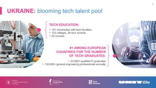 4
UKRAINE: blooming tech talent pool
#1 AMONG EUROPEAN
COUNTRIES FOR THE NUMBER
OF TECH GRADUATES:
• 23,000+ qualified IT ...