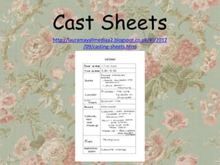 Cast Sheets
http://lauramayallmediaa2.blogspot.co.uk/#!/2012
             /09/casting-sheets.html
 