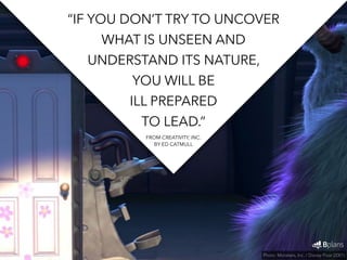 “IF YOU DON’T TRY TO UNCOVER 
WHAT IS UNSEEN AND 
UNDERSTAND ITS NATURE, 
YOU WILL BE 
ILL PREPARED 
TO LEAD.” 
Photo: Monsters, Inc. / Disney Pixar (2001) 
FROM CREATIVITY, INC. 
BY ED CATMULL 
 