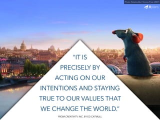 “IT IS 
PRECISELY BY 
ACTING ON OUR 
INTENTIONS AND STAYING 
TRUE TO OUR VALUES THAT 
WE CHANGE THE WORLD.” 
Photo: Ratatouille / Disney Pixar (2007) 
FROM CREATIVITY, INC. BY ED CATMULL 
 
