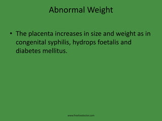 Abnormal WeightThe placenta increases in size and weight as in congenital syphilis, hydropsfoetalis and diabetes mellitus.www.freelivedoctor.com