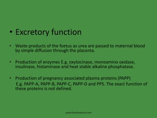 Excretory functionWaste products of the foetus as urea are passed to maternal blood by simple diffusion through the placenta.Production of enzymes E.g. oxytocinase, monoaminooxidase, insulinase, histaminase and heat stable alkaline phosphatase.Production of pregnancy associated plasma proteins (PAPP)      E.g. PAPP-A, PAPP-B, PAPP-C, PAPP-D and PP5. The exact function of these proteins is not defined.www.freelivedoctor.com