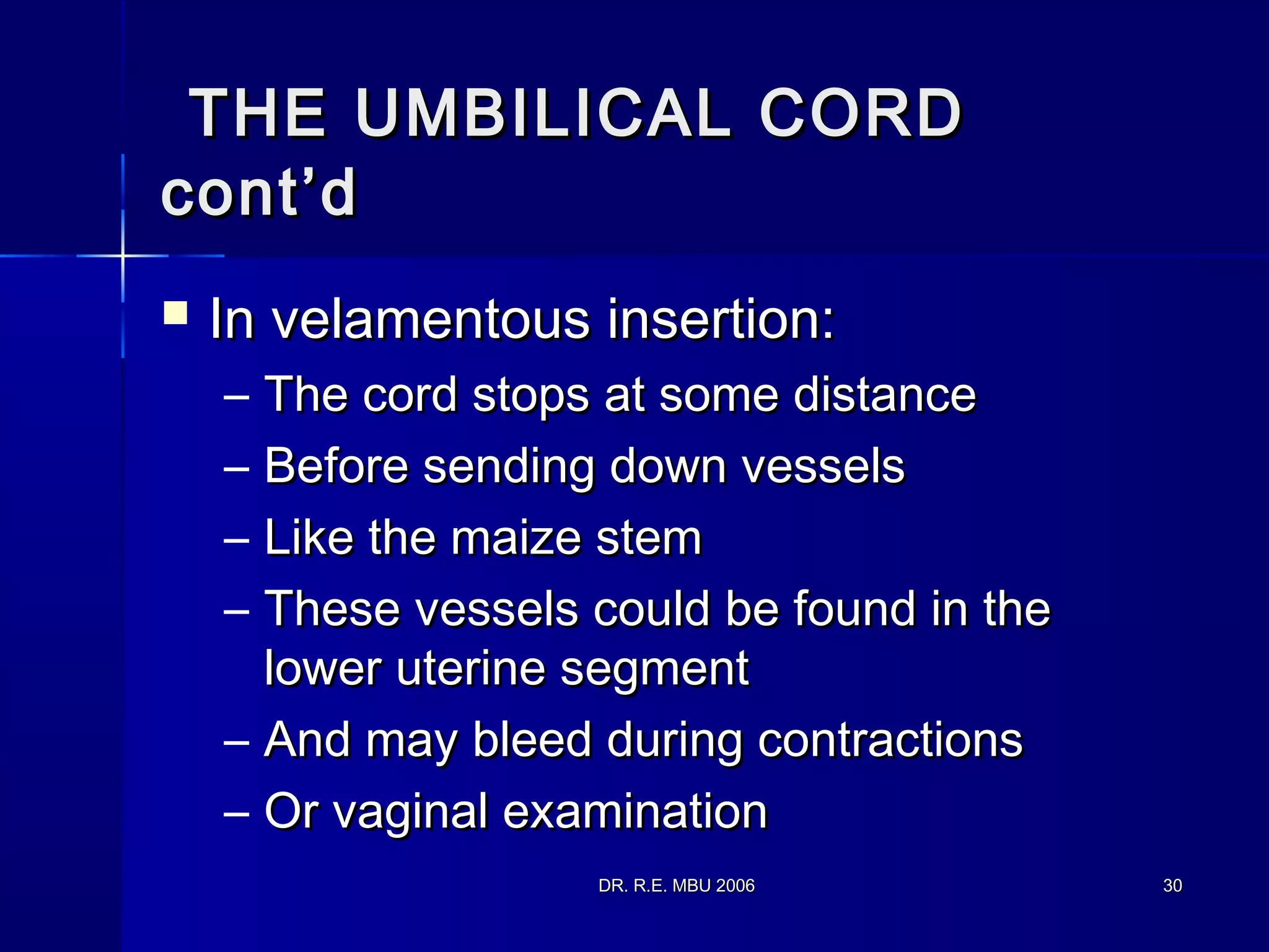 DR. R.E. MBU 2006DR. R.E. MBU 2006 3030
THE UMBILICAL CORDTHE UMBILICAL CORD
cont’dcont’d
 In velamentous insertion:In velamentous insertion:
– The cord stops at some distanceThe cord stops at some distance
– Before sending down vesselsBefore sending down vessels
– Like the maize stemLike the maize stem
– These vessels could be found in theThese vessels could be found in the
lower uterine segmentlower uterine segment
– And may bleed during contractionsAnd may bleed during contractions
– Or vaginal examinationOr vaginal examination
 