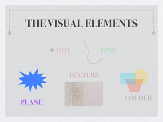 THE VISUAL ELEMENTS

        DOT         LINE


          TEXTURE


                           COLOUR
PLANE
 