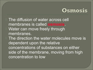  The diffusion of water across cell
membranes is called osmosis.
 Water can move freely through
membranes.
 The direction the water molecules move is
dependent upon the relative
concentrations of substances on either
side of the membrane, moving from high
concentration to low
 