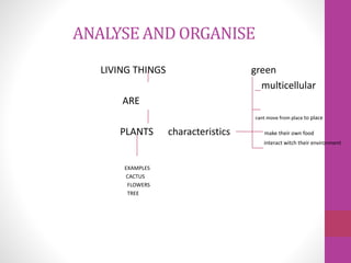 ANALYSE AND ORGANISE
LIVING THINGS green
multicellular
ARE
cant move from place to place
PLANTS characteristics make their...