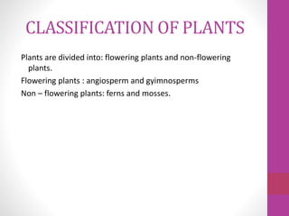 CLASSIFICATION OF PLANTS
Plants are divided into: flowering plants and non-flowering
plants.
Flowering plants : angiosperm...