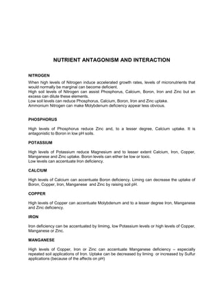 NUTRIENT ANTAGONISM AND INTERACTION

NITROGEN
When high levels of Nitrogen induce accelerated growth rates, levels of micronutrients that
would normally be marginal can become deficient.
High soil levels of Nitrogen can assist Phosphorus, Calcium, Boron, Iron and Zinc but an
excess can dilute these elements.
Low soil levels can reduce Phosphorus, Calcium, Boron, Iron and Zinc uptake.
Ammonium Nitrogen can make Molybdenum deficiency appear less obvious.


PHOSPHORUS

High levels of Phosphorus reduce Zinc and, to a lesser degree, Calcium uptake. It is
antagonistic to Boron in low pH soils.

POTASSIUM

High levels of Potassium reduce Magnesium and to lesser extent Calcium, Iron, Copper,
Manganese and Zinc uptake. Boron levels can either be low or toxic.
Low levels can accentuate Iron deficiency.

CALCIUM

High levels of Calcium can accentuate Boron deficiency. Liming can decrease the uptake of
Boron, Copper, Iron, Manganese and Zinc by raising soil pH.

COPPER

High levels of Copper can accentuate Molybdenum and to a lesser degree Iron, Manganese
and Zinc deficiency.

IRON

Iron deficiency can be accentuated by limimg, low Potassium levels or high levels of Copper,
Manganese or Zinc.

MANGANESE

High levels of Copper, Iron or Zinc can accentuate Manganese deficiency – especially
repeated soil applications of Iron. Uptake can be decreased by liming or increased by Sulfur
applications (because of the affects on pH)
 