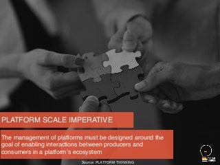 PLATFORM SCALE IMPERATIVE
The management of platforms must be designed around the
goal of enabling interactions between producers and
consumers in a platform’s ecosystem
Source: PLATFORM THINKING
 