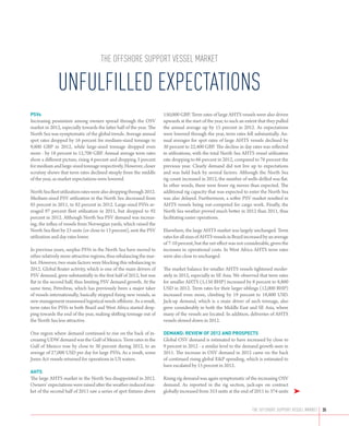 the offshore support vessel market

               Unfulfilled expectations
PSVs                                                                   150,000 GBP. Term rates of large AHTS vessels were also driven
Increasing pessimism among owners spread through the OSV               upwards at the start of the year, to such an extent that they pulled
market in 2012, especially towards the latter half of the year. The    the annual average up by 15 percent in 2012. As expectations
North Sea was symptomatic of the global trends. Average annual         were lowered through the year, term rates fell substantially. An-
spot rates dropped by 16 percent for medium-sized tonnage to           nual averages for spot rates of large AHTS vessels declined by
9,800 GBP in 2012, while large-sized tonnage dropped even              30 percent to 22,400 GBP. The decline in day rates was reflected
more - by 18 percent to 12,700 GBP. Annual average term rates          in utilizations, with the total North Sea AHTS vessel utilization
show a different picture, rising 4 percent and dropping 3 percent      rate dropping to 66 percent in 2012, compared to 76 percent the
for medium and large-sized tonnage respectively. However, closer       previous year. Clearly demand did not live up to expectations
scrutiny shows that term rates declined steeply from the middle        and was held back by several factors. Although the North Sea
of the year, as market expectations were lowered.                      rig count increased in 2012, the number of wells drilled was flat.
                                                                       In other words, there were fewer rig moves than expected. The
North Sea fleet utilization rates were also dropping through 2012.     additional rig capacity that was expected to enter the North Sea
Medium-sized PSV utilization in the North Sea decreased from           was also delayed. Furthermore, a softer PSV market resulted in
85 percent in 2011, to 82 percent in 2012. Large-sized PSVs av-        AHTS vessels being out-competed for cargo work. Finally, the
eraged 97 percent fleet utilization in 2011, but dropped to 92         North Sea weather proved much better in 2012 than 2011, thus
percent in 2012. Although North Sea PSV demand was increas-            facilitating easier operations.
ing, the influx of vessels from Norwegian yards, which raised the
North Sea fleet by 23 units (or close to 13 percent), sent the PSV     Elsewhere, the large AHTS market was largely unchanged. Term
utilization and day rates lower.                                       rates for all sizes of AHTS vessels in Brazil increased by an average
                                                                       of 7-10 percent, but the net effect was not considerable, given the
In previous years, surplus PSVs in the North Sea have moved to         increases in operational costs. In West Africa AHTS term rates
other relatively more attractive regions, thus rebalancing the mar-    were also close to unchanged.
ket. However, two main factors were blocking this rebalancing in
2012. Global floater activity, which is one of the main drivers of     The market balance for smaller AHTS vessels tightened moder-
PSV demand, grew substantially in the first half of 2012, but was      ately in 2012, especially in SE Asia. We observed that term rates
flat in the second half, thus limiting PSV demand growth. At the       for smaller AHTS (5,150 BHP) increased by 8 percent to 8,800
same time, Petrobras, which has previously been a major taker          USD in 2012. Term rates for their larger siblings (12,000 BHP)
of vessels internationally, basically stopped fixing new vessels, as   increased even more, climbing by 19 percent to 18,800 USD.
new management reassessed logistical needs offshore. As a result,      Jack-up demand, which is a main driver of such tonnage, also
term rates for PSVs in both Brazil and West Africa started drop-       grew considerably in both the Middle East and SE Asia, where
ping towards the end of the year, making shifting tonnage out of       many of the vessels are located. In addition, deliveries of AHTS
the North Sea less attractive.                                         vessels slowed down in 2012.

One region where demand continued to rise on the back of in-           Demand: Review of 2012 and prospects
creasing UDW demand was the Gulf of Mexico. Term rates in the          Global OSV demand is estimated to have increased by close to
Gulf of Mexico rose by close to 30 percent during 2012, to an          9 percent in 2012 - a similar level to the demand growth seen in
average of 27,000 USD per day for large PSVs. As a result, some        2011. The increase in OSV demand in 2012 came on the back
Jones Act vessels returned for operations in US waters.                of continued rising global EP spending, which is estimated to
                                                                       have escalated by 15 percent in 2012.
AHTS
The large AHTS market in the North Sea disappointed in 2012.           Rising rig demand was again symptomatic of the increasing OSV
Owners’ expectations were raised after the weather-induced mar-        demand. As reported in the rig section, jack-ups on contract
ket of the second half of 2011 saw a series of spot fixtures above     globally increased from 353 units at the end of 2011 to 374 units       ➤

                                                                                                                        The offshore support vessel market   35
 