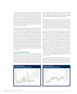 in December 2012, a rise of 6 percent. Similarly, floater activity         more, scrapping was insignificant in 2012. Our figures indicate
                   was significantly higher and our figures show global demand in-            only five AHTS vessels and two PSVs were scrapped. As a result
                   creased 12 percent - from 226 units at the end of 2011, to 254             of these developments, total fleet growth in 2012 was 6 percent
                   units a year later. As mentioned earlier, the number of rising float-      and 9 percent for the AHTS and PSV fleets respectively.
                   ers on contract was greater towards the first half of 2012. The
                   floater fleet was close to fully utilized during the year, with an in-     Trends in new orders in 2012 showed a continued divergence in
                   crease in working units resulting mainly from newbuilds entering           preference regarding tonnage. Our records show that 187 PSVs
                   operation. The second half of 2012 experienced a temporary lull            and 86 AHTS were ordered in 2012. Most of the AHTS ordered
                   in floater newbuilds entering the market, thus impacting nega-             were in the smallest category (66 units), with few new orders of
                   tively on OSV demand growth.                                               larger AHTS vessels. The record levels of PSV investments should
                                                                                              be seen in relation to increasing expectations for deepwater activ-
                   Global OSV demand is expected to continue to grow by between               ity, and the growing preference for investments in UDW floaters.
                   8 and 10 percent in 2013. OSV demand growth is likely to be
                   driven by a further focus on exploring and developing deepwater            The current AHTS orderbook indicates that 131 units will be
                   assets. From the second quarter of 2013, we expect an additional           delivered in 2013 and 21 units will be delivered in 2014. How-
                   23 UDW floaters to be delivered over the course of the year. As            ever, it is expected that delays at yards, which have been exten-
                   vessels per rig serviced in deepwater tend to be relatively high,          sive over the last few years, will continue in 2013 and mitigate
                   and distances from shore-base to offshore locations tend to be             some of the fleet growth. Scrapping/removal of tonnage is ex-
                   further, demand for OSVs is expected to receive an additional              pected to remain insignificant, despite a large part of the fleet
                   boost. On a regional basis, we expect OSV demand growth to be              being built as early as the 70s/80s. Although, it must be said,
                   driven strongly by additional deepwater activity in West and East          there is an increased focus from charterers on the age of ves-
                   Africa and the Gulf of Mexico. In South America, Petrobras is un-          sels and vessel specifications. Many charterers are, for example,
                   likely to be the same driver of tonnage demand, as it is now close         demanding vessels that are no older than 10-15 years, while DP
                   to having contracted its stated goal of deepwater offshore rigs.           II has become the industry standard. Many of the older, lower
                   Further gains in jack-up demand in the Middle East and South               specification vessels are therefore removed from actively par-
                   East Asia will also boost demand of small/mid-size AHTS vessels            ticipating in the offshore markets. Due to their low scrapping
                   (see rig section).                                                         value they are not sent to the breakers, but rather ‘idled’. The
                                                                                              competitive fleet may therefore be smaller than indicated in the
                   fleeT Trend and new OrderS                                                 fleet counts. This also applies to the PSV fleet. Given the above,
                   The fleet grew considerably less than the orderbook suggested at           we expect the total AHTS fleet will probably grow by close to 4
                   the start of 2012. Our records show 119 AHTS vessels and 105               percent in 2013.
                   PSVs were delivered in 2012, while, at the start of the year, 200
                   AHTS and 170 PSVs were scheduled for delivery. Inexperience,               The current PSV orderbook indicates that 230 units will be de-
                   especially in the final construction stages, is quoted as the main         livered in 2013 and 116 units in 2014. However, significant de-
                   reason for delays. Many new yards are located in the Asian region          lays are also expected for PSVs in 2013. Yards have managed to
                   and they appear to be responsible for the majority of delays. Once         deliver a maximum of 25-30 vessels per quarter over the last few


                     north sea tonnage 2003–2012                                               north sea tonnage 2003–2012
                     ahts average t/c rates (rePorted and estimated)                           Psv average t/c rates (rePorted and estimated)

                       £/day                                                                     £/day
                       45,000                                                     20,000+         30000                                                     900+ m2
                                                                                  BHP                                                                       deck area
                       40,000
                                                                                  16-19,999       25000                                                     750-899 m2
                       35,000                                                     BHP                                                                       deck area
                                                                                  10-15,999
                       30,000                                                                     20000                                                     500-749 m2
                                                                                  BHP
                       25,000                                                     8-9,999                                                                   deck area
                                                                                  BHP             15000                                                     3,100+ dwt
                       20,000
                                                                                                                                                            2,200 -3,099
                       15,000                                                                     10000                                                     dwt
                       10,000                                                                                                                               2,200+ dwt
                                                                                                  5000
                        5,000
                           0                                                                         0
                                03   04   05   06   07   08   09   10   11   12                           03   04   05   06   07   08   09   10   11   12




36   the offshore support vessel market
 