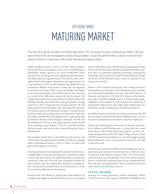 offshore wind

                                                Maturing market
                    There have been a few ups and downs in the offshore wind market in 2012, but overall it has been a satisfactory year. Growth in 2012 was
                    again driven by the UK, but new megawatts are being lined up elsewhere in Europe, Asia and North America. Delays in current and future
                    projects are still due to cabling issues, with Germany experiencing the biggest problems.

                    Global installed capacity to date is 4.9 GW, which is equiva-         back to 2018, due to issues with the power transmission. Delays
                    lent to the annual consumption of just over 2.8 mill European         seem to be the rule, rather than the exception, for Round 3 pro­
                    households. Added capacity is in excess of 800 MW, which              jects, due to uncertainties regarding consenting, financing and
                    amounts to an annual growth rate of approximately 20 percent.         technology. The first Round 3 project will most likely be Dong’s
                    The added capacity originates mainly from the UK, where Sher-         and SMart Wind’s Hornsea Project, which is expected to start
                    ingham Shoal and Greater Gabbard were the biggest projects to         construction in 2015.
                    come onstream in 2012. Greater Gabbard is probably the most
                    problematic offshore wind project to date, and was supposed           There is a drive towards reducing the cost of energy and many
                    to have been onstream in 2010. Legal proceedings with regards         market players are choosing increased integration. As an example,
                    to financial responsibility will probably continue for some time      Areva has already established close links with HGO Infra Sea of
                    as a result of the difficulties experienced by the project. No        Solutions and signed an LOI with STX France on the founda-
                    commercial projects have been finalized in regions other than         tions side. Generally speaking, there is a trend towards indus-
                    Northern Europe, but China had some pilot projects coming             trialization of the industry, in a bid to reduce the overall cost of
                    onstream in 2012. Going forward, Germany and the UK will              development. Repower has also urged closer supply chain col-
                    drive growth, but it will require more time than first anticipat-     laboration, in order to deliver more cost efficient products.
                    ed. German projects are delayed by at least 12 months on the
                    North Sea side, due to cabling issues and submarine cable sup-        In addition, there has also been increased interest from the Oil
                    ply. Other countries that will supplement the expected growth          Gas players, demonstrated by Siem Offshore’s order of a new
                    in Northern Europe will be Belgium, Denmark, Sweden and               Operation  Maintenance wind farm vessel from Fjellstrand.
                    the Netherlands. In Asia, China, Japan, Korea and Taiwan will
                    be the fastest growing markets. In the US, Cape Wind will be          Technically speaking, grid connections are still the major hur-
                    the first project, with several other projects being lined up for     dle in offshore wind developments – a factor that has caused
                    development.                                                          long delays in the German North Sea projects, as well as de-
                                                                                          laying developments in the UK. High Voltage Direct Current
                    The prevalent market driver in the offshore wind sector is, and       (HVDC) transmission platforms are one of the biggest supply
                    will continue to be, government subsidies. In order to reach grid     chain bottlenecks, due to a low number of providers and high
                    parity, technological progress, which is driven by large-scale        construction risk.
                    government support, is essential.
                                                                                          Another major obstacle in offshore wind development is secur-
                    Several governments are adjusting their policies in order to en-      ing financing for projects. Construction risk is often the main
                    courage offshore wind farm development. Germany has taken             concern from the financiers’ point of view. The Green Invest-
                    a step in the right direction by addressing issues of power grid      ment Bank has now decided that it will only finance projects
                    connection, while the USA will open competitive tenders for           that are constructed, refusing to take on any construction risk.
                    three projects next year. Meanwhile, Denmark is pushing for           This will favor developed players who can demonstrate good
                    20% community ownership of near-shore wind farms, in order            track records and solid balance sheets.
                    to create local enthusiasm for the projects.
                                                                                          TIV  CTV – Day rates
                    Several of the UK’s Round 3 projects have been delayed; for           Earnings for second generation Turbine Installation Vessels
                    example, East Anglia was planned for 2017, but is now pushed          (TIVs) have been in the range of €140,000 to €160,000 per day


40	 offshore wind
 