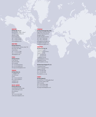 Moscow	                                  Shanghai	
            RS Platou ASA, Moscow	                   RS Platou ASA Shanghai Repr. Office	
    				    Bronnaya Plaza, Bldg. 1, Floor 7	        Lippo Plaza, Unit 2212-2213				
  						    32, Sadova-Kudrinskaya St.	              222 Huai Hai Zhong Road	
 						     Moscow 123001                            Shanghai 200021,
						      Russia Federation	                       People’s Republic of China	
            Tel:	 +7 495 787 9922	                   Tel:	 +86 21 5396 5959	
            Fax:	+7 495 787 9929	                    Fax:	+86 21 5396 5665	
  						    moscow@platou.com	                       pshang@platoushanghai.com				
 						     	                                        new@platoushanghai.com					
 						     New York	                                snp@platoushanghai.com					
   						   RS Platou Markets Inc.	                  	
            410 Park Avenue, 7th floor, Suite 710	   Singapore	
            New York, NY 10022	                      RS Platou (Asia) Pte. Ltd.	
            United States			                         3 Temasek Avenue	
            Tel: 	+1 212 317 7080	                   # 20-01 Centennial Tower	
            Fax:	+1 212 207 9043                     Singapore 039190	
            office@platou.com			                     Tel:	 +65 6336 8733	
            			                                      Fax:	+65 6336 8740	
            Perth                                    snp@platou.com.sg	
   						   RS Platou Perth SA	                      newbuild@platou.com.sg	
            8/38 Colin St.	                          dry@platou.com.sg	
            West Perth 6005	                         offshore@platou.com.sg	
            WA, Australia	
            Tel:	 +61 618 9226 0618	                 RS Platou Finans Singapore Pte. Ltd.	
            Fax:	+61 618 9486 8120	                  3 Temasek Avenue
            drycargo.australia@platou.com	           # 20-01 Centennial Tower					
            	                                        Singapore 039190
            Piraeus	                                 Tel:	 +65 6306 3400				
            RS Platou Hellas Ltd.	                   Fax:	+65 6306 8890				
            1-3 Filellinon Str.	                     finans@platou.com.sg	           				
            185 36 Piraeus	                          			
            Greece	                                  Sydney	
            Tel:	 +30 210 4294 070	                  RS Platou Sydney SA	
            Fax:	+30 210 4294 071	                   Ground Floor, 174 Willoughby Road	
            snp@platou.gr	                           Crows Nest, Sydney 2065	
            dry@platou.gr	                           NSW, Australia	
            	                                        Tel:	 +61 612 9937 8800	
            Rio de Janeiro	                          Fax:	+61 612 9437 0036	
  						    RS Platou (Brasil) Ltda.	                drycargo.australia@platou.com			
            Av. Rio Branco 89, Sala 1601	
            CEP 20.040-004 Centro	
            Rio de Janeiro	
            Brazil	
            Tel:	 +55 21 2233 3840	
            south.america@platou.com
 