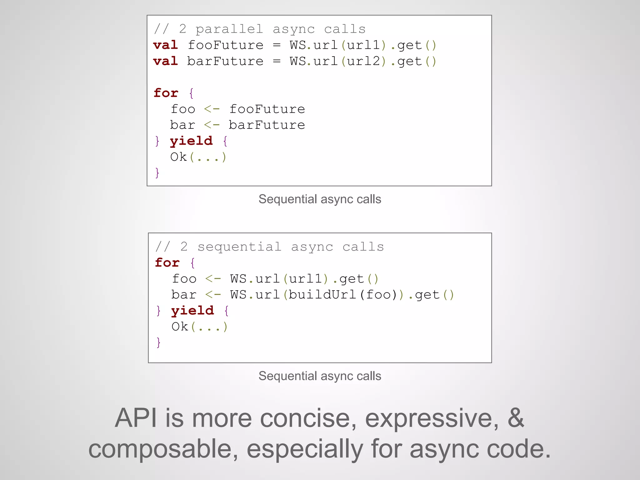 Sequential async calls
// 2 sequential async calls
for {
foo <- WS.url(url1).get()
bar <- WS.url(buildUrl(foo)).get()
} yield {
Ok(...)
}
API is more concise, expressive, &
composable, especially for async code.
Sequential async calls
// 2 parallel async calls
val fooFuture = WS.url(url1).get()
val barFuture = WS.url(url2).get()
for {
foo <- fooFuture
bar <- barFuture
} yield {
Ok(...)
}
 