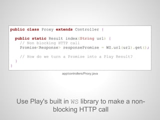 public class Proxy extends Controller {
public static Result index(String url) {
// Non blocking HTTP call
Promise<Response> responsePromise = WS.url(url).get();
// How do we turn a Promise into a Play Result?
}
}
app/controllers/Proxy.java
Use Play's built in WS library to make a non-
blocking HTTP call
 