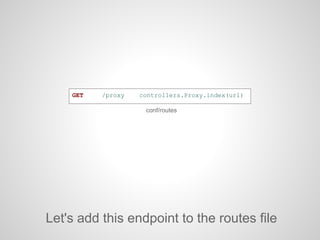 GET /proxy controllers.Proxy.index(url)
Let's add this endpoint to the routes file
conf/routes
 