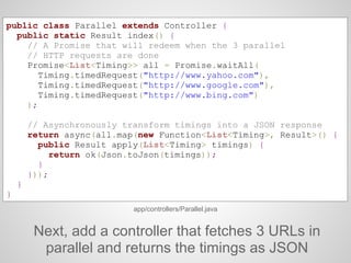 public class Parallel extends Controller {
public static Result index() {
// A Promise that will redeem when the 3 parallel
// HTTP requests are done
Promise<List<Timing>> all = Promise.waitAll(
Timing.timedRequest("http://www.yahoo.com"),
Timing.timedRequest("http://www.google.com"),
Timing.timedRequest("http://www.bing.com")
);
// Asynchronously transform timings into a JSON response
return async(all.map(new Function<List<Timing>, Result>() {
public Result apply(List<Timing> timings) {
return ok(Json.toJson(timings));
}
}));
}
}
app/controllers/Parallel.java
Next, add a controller that fetches 3 URLs in
parallel and returns the timings as JSON
 