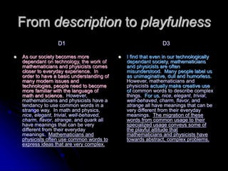 From description to playfulness
D1
 As our society becomes more
dependant on technology, the work of
mathematicians and p...