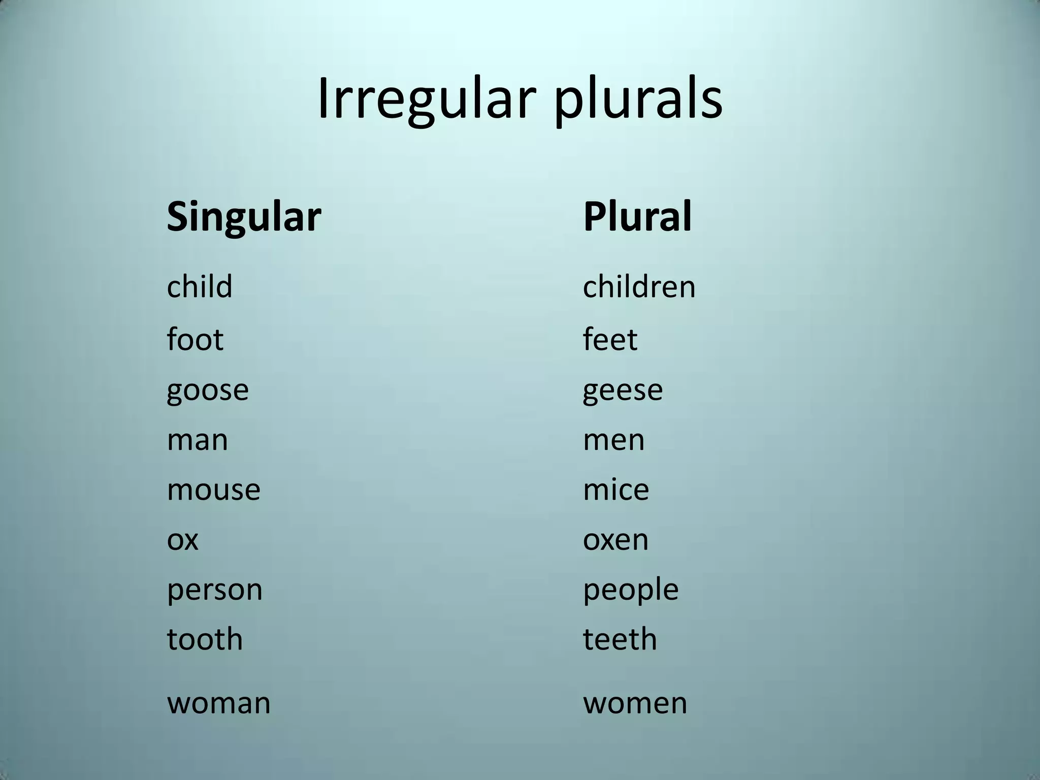 Irregular plurals
Singular            Plural
child               children
foot                feet
goose               geese
man                 men
mouse               mice
ox                  oxen
person              people
tooth               teeth
woman               women
 