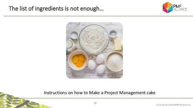 17
nicos.kourounakis@PM²alliance.eu
The list of ingredients is not enough…
Instructions on how to Make a Project Management cake
 