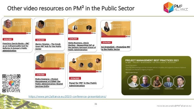 31
nicos.kourounakis@PM²alliance.eu
https://www.pm2alliance.eu/2020-conference-presentations/
Other video resources on PM² in the Public Sector
 