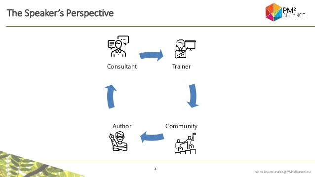 4
nicos.kourounakis@PM²alliance.eu
The Speaker’s Perspective
Trainer
Community
Author
Consultant
 