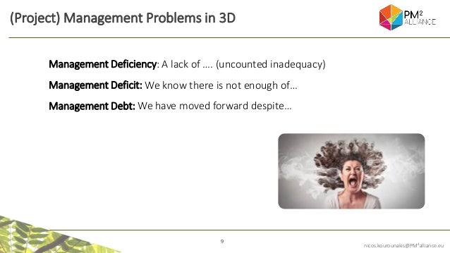 9
nicos.kourounakis@PM²alliance.eu
(Project) Management Problems in 3D
Management Deficiency: A lack of …. (uncounted inadequacy)
Management Deficit: We know there is not enough of…
Management Debt: We have moved forward despite…
 
