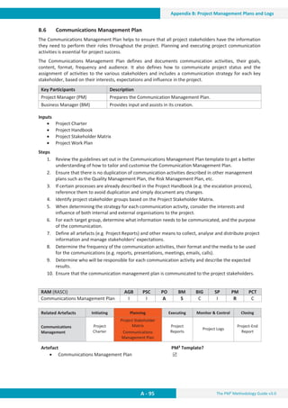 The PM² Methodology Guide v3.0
A - 95
Appendix B: Project Management Plans and Logs
B.6 Communications Management Plan
The Communications Management Plan helps to ensure that all project stakeholders have the information
they need to perform their roles throughout the project. Planning and executing project communication
activities is essential for project success.
The Communications Management Plan defines and documents communication activities, their goals,
content, format, frequency and audience. It also defines how to communicate project status and the
assignment of activities to the various stakeholders and includes a communication strategy for each key
stakeholder, based on their interests, expectations and influence in the project.
Key Participants Description
Project Manager (PM) Prepares the Communication Management Plan.
Business Manager (BM) Provides input and assists in its creation.
Inputs
x Project Charter
x Project Handbook
x Project Stakeholder Matrix
x Project Work Plan
Steps
1. Review the guidelines set out in the Communications Management Plan template to get a better
understanding of how to tailor and customise the Communication Management Plan.
2. Ensure that there is no duplication of communication activities described in other management
plans such as the Quality Management Plan, the Risk Management Plan, etc.
3. If certain processes are already described in the Project Handbook (e.g. the escalation process),
reference them to avoid duplication and simply document any changes.
4. Identify project stakeholder groups based on the Project Stakeholder Matrix.
5. When determining the strategy for each communication activity, consider the interests and
influence of both internal and external organisations to the project.
6. For each target group, determine what information needs to be communicated, and the purpose
of the communication.
7. Define all artefacts (e.g. Project Reports) and other means to collect, analyse and distribute project
information and manage stakeholders’ expectations.
8. Determine the frequency of the communication activities, their format and the media to be used
for the communications (e.g. reports, presentations, meetings, emails, calls).
9. Determine who will be responsible for each communication activity and describe the expected
results.
10. Ensure that the communication management plan is communicated to the project stakeholders.
RAM (RASCI) AGB PSC PO BM BIG SP PM PCT
Communications Management Plan I I A S C I R C
Related Artefacts Initiating Planning Executing Monitor  Control Closing
Communications
Management
Project
Charter
Project Stakeholder
Matrix
Communications
Management Plan
Project
Reports
Project Logs
Project-End
Report
Artefact PM² Template?
x Communications Management Plan 5
 