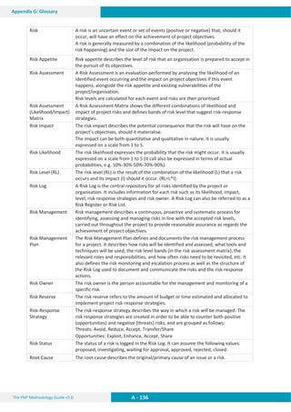 The PM² Methodology Guide v3.0 A - 136
Appendix G: Glossary
Risk A risk is an uncertain event or set of events (positive or negative) that, should it
occur, will have an effect on the achievement of project objectives.
A risk is generally measured by a combination of the likelihood (probability of the
risk happening) and the size of the impact on the project.
Risk Appetite Risk appetite describes the level of risk that an organisation is prepared to accept in
the pursuit of its objectives.
Risk Assessment A Risk Assessment is an evaluation performed by analysing the likelihood of an
identified event occurring and the impact on project objectives if this event
happens, alongside the risk appetite and existing vulnerabilities of the
project/organisation.
Risk levels are calculated for each event and risks are then prioritised.
Risk Assessment
(Likelihood/Impact)
Matrix
A Risk Assessment Matrix shows the different combinations of likelihood and
impact of project risks and defines bands of risk level that suggest risk-response
strategies.
Risk Impact The risk impact describes the potential consequence that the risk will have on the
project’s objectives, should it materialise.
The impact can be both quantitative and qualitative in nature. It is usually
expressed on a scale from 1 to 5.
Risk Likelihood The risk likelihood expresses the probability that the risk might occur. It is usually
expressed on a scale from 1 to 5 (it call also be expressed in terms of actual
probabilities, e.g. 10%-30%-50%-70%-90%).
Risk Level (RL) The risk level (RL) is the result of the combination of the likelihood (L) that a risk
occurs and its impact (I) should it occur. (RL=L*I).
Risk Log A Risk Log is the central repository for all risks identified by the project or
organisation. It includes information for each risk such as its likelihood, impact,
level, risk-response strategies and risk owner. A Risk Log can also be referred to as a
Risk Register or Risk List.
Risk Management Risk management describes a continuous, proactive and systematic process for
identifying, assessing and managing risks in line with the accepted risk levels,
carried out throughout the project to provide reasonable assurance as regards the
achievement of project objectives.
Risk Management
Plan
The Risk Management Plan defines and documents the risk management process
for a project. It describes how risks will be identified and assessed, what tools and
techniques will be used, the risk level bands (in the risk assessment matrix), the
relevant roles and responsibilities, and how often risks need to be revisited, etc. It
also defines the risk monitoring and escalation process as well as the structure of
the Risk Log used to document and communicate the risks and the risk-response
actions.
Risk Owner The risk owner is the person accountable for the management and monitoring of a
specific risk.
Risk Reserve The risk reserve refers to the amount of budget or time estimated and allocated to
implement project risk-response strategies.
Risk-Response
Strategy
The risk-response strategy describes the way in which a risk will be managed. The
risk response strategies are created in order to be able to counter both positive
(opportunities) and negative (threats) risks, and are grouped as follows:
Threats: Avoid, Reduce, Accept, Transfer/Share
Opportunities: Exploit, Enhance, Accept, Share
Risk Status The status of a risk is logged in the Risk Log. It can assume the following values:
proposed, investigating, waiting for approval, approved, rejected, closed.
Root Cause The root cause describes the original/primary cause of an issue or a risk.
 