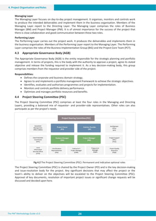 24 24 24
The PM² Methodology Guide v3.0
4. Project Organisation and Roles
Managing Layer
The Managing Layer focuses on day-to-day project management. It organises, monitors and controls work
to produce the intended deliverables and implement them in the business organisation. Members of the
Managing Layer report to the Directing Layer. The Managing Layer comprises the roles of Business
Manager (BM) and Project Manager (PM). It is of utmost importance for the success of the project that
there is close collaboration and good communication between these two roles.
Performing Layer
The Performing Layer carries out the project work. It produces the deliverables and implements them in
the business organisation. Members of the Performing Layer report to the Managing Layer. The Performing
Layer comprises the roles of the Business Implementation Group (BIG) and the Project Core Team (PCT).
4.3 Appropriate Governance Body (AGB)
The Appropriate Governance Body (AGB) is the entity responsible for the strategic planning and portfolio
management. In terms of projects, this is the body with the authority to approve a project, agree its stated
objective and release the funding required to implement it. As a key decision-making body, this group
comprises members from the requestor and provider side of the project.
Responsibilities:
x Defines the corporate and business domain strategy.
x Agrees to and implements a portfolio management framework to achieve the strategic objectives.
x Identifies, evaluates and authorises programmes and projects for implementation.
x Monitors and controls portfolio delivery performance.
x Optimises and manages portfolio resources and benefits.
4.4 Project Steering Committee (PSC)
The Project Steering Committee (PSC) comprises at least the four roles in the Managing and Directing
Layers, providing a balanced mix of requestor- and provider-side representatives. Other roles can also
participate as per the project’s needs.
Fig 4.2 The Project Steering Committee (PSC): Permanent and indicative optional roles
The Project Steering Committee (PSC) is chaired by the Project Owner (PO) and is the key decision-making
and issue-resolution body for the project. Any significant decisions that may affect the project or the
team’s ability to deliver on the objectives will be escalated to the Project Steering Committee (PSC).
Approval of key documents, resolution of important project issues or significant change requests will be
discussed and decided upon here.
 