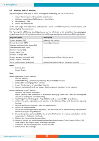 The PM² Methodology Guide v3.0 40
6. Planning Phase
6.1 Planning Kick-off Meeting
The Planning Phase starts with an official Planning Kick-off Meeting, the aim of which is to:
x ensure that everyone understands the project scope
x clarify the expectations of all key project stakeholders
x identify project risks
x discuss the project plans.
At this early stage, past experiences, and especially Lessons Learned from previous similar projects, will
significantly help the project team.
This Planning Kick-off Meeting should be planned and run effectively as it is critical that the project goals
are well understood. PM² provides templates for the Meeting Agenda and the Minutes of Meeting (MoM).
Key Participants Description
Project Manager (PM) Organises the meeting.
Project Core Team (PCT)
Business Implementation Group (BIG)
User Representatives (URs)
Solution Provider (SP)
Project Owner (PO)
Business Manager (BM)
Required participants.
Project Manager Assistant (PMA)
Project Support Office (PSO)
Required to attend (if part of the project).
Other project roles or stakeholders Optional participation (as per the project’s needs).
Inputs
x Business Case
x Project Charter
Steps
Before the Planning Kick-off Meeting:
1. Plan the meeting.
2. Draft the Meeting Agenda clearly indicating the points to be discussed.
3. Send out the Meeting Agenda in advance.
4. Ensure the attendance of required participants.
5. Address any logistical needs and prepare documentation or hand-outs for the meeting.
During the Planning Kick-off Meeting:
1. Introduce the meeting participants.
2. Ensure a minute-taker is identified to make notes identifying action items. These will be compiled
and sent to participants after the meeting.
3. Walk the participants through the Project Charter so they understand the project scope.
4. Outline the goals, expectations and activities of the Planning Phase and discuss the planning
timeline.
5. Describe and discuss the project roles and responsibilities.
6. Discuss the project timeline.
7. Discuss the overall approach to the project. This discussion can be a brainstorming session within
the limits set by the Project Charter.
8. Discuss the project plans needed for the project. The final set of required project plans will be
documented in the Project Handbook.
9. Discuss risks, constraints and assumptions.
10. Discuss or present any project supporting tools (with input from the Project Support Office, PSO).
11. Allow time for any other business (questions  answers).
12. Summarise the discussion (decisions, actions and risks).
13. Communicate the next steps.
 