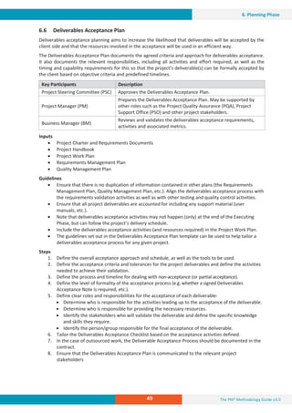The PM² Methodology Guide v3.0
49
6. Planning Phase
6.6 Deliverables Acceptance Plan
Deliverables acceptance planning aims to increase the likelihood that deliverables will be accepted by the
client side and that the resources involved in the acceptance will be used in an efficient way.
The Deliverables Acceptance Plan documents the agreed criteria and approach for deliverables acceptance.
It also documents the relevant responsibilities, including all activities and effort required, as well as the
timing and capability requirements for this so that the project’s deliverable(s) can be formally accepted by
the client based on objective criteria and predefined timelines.
Key Participants Description
Project Steering Committee (PSC) Approves the Deliverables Acceptance Plan.
Project Manager (PM)
Prepares the Deliverables Acceptance Plan. May be supported by
other roles such as the Project Quality Assurance (PQA), Project
Support Office (PSO) and other project stakeholders.
Business Manager (BM)
Reviews and validates the deliverables acceptance requirements,
activities and associated metrics.
Inputs
x Project Charter and Requirements Documents
x Project Handbook
x Project Work Plan
x Requirements Management Plan
x Quality Management Plan
Guidelines
x Ensure that there is no duplication of information contained in other plans (the Requirements
Management Plan, Quality Management Plan, etc.). Align the deliverables acceptance process with
the requirements validation activities as well as with other testing and quality control activities.
x Ensure that all project deliverables are accounted for including any support material (user
manuals, etc.).
x Note that deliverables acceptance activities may not happen (only) at the end of the Executing
Phase, but can follow the project’s delivery schedule.
x Include the deliverables acceptance activities (and resources required) in the Project Work Plan.
x The guidelines set out in the Deliverables Acceptance Plan template can be used to help tailor a
deliverables acceptance process for any given project.
Steps
1. Define the overall acceptance approach and schedule, as well as the tools to be used.
2. Define the acceptance criteria and tolerances for the project deliverables and define the activities
needed to achieve their validation.
3. Define the process and timeline for dealing with non-acceptance (or partial acceptance).
4. Define the level of formality of the acceptance process (e.g. whether a signed Deliverables
Acceptance Note is required, etc.).
5. Define clear roles and responsibilities for the acceptance of each deliverable:
x Determine who is responsible for the activities leading up to the acceptance of the deliverable.
x Determine who is responsible for providing the necessary resources.
x Identify the stakeholders who will validate the deliverable and define the specific knowledge
and skills they require.
x Identify the person/group responsible for the final acceptance of the deliverable.
6. Tailor the Deliverables Acceptance Checklist based on the acceptance activities defined.
7. In the case of outsourced work, the Deliverable Acceptance Process should be documented in the
contract.
8. Ensure that the Deliverables Acceptance Plan is communicated to the relevant project
stakeholders
 