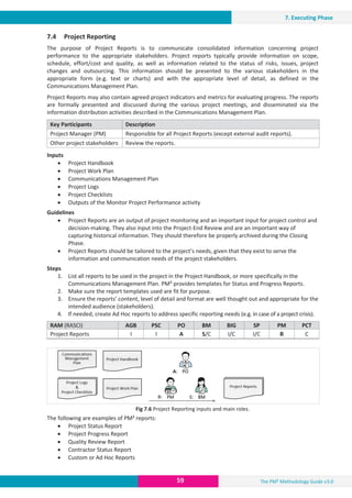 The PM² Methodology Guide v3.0
59
7. Executing Phase
7.4 Project Reporting
The purpose of Project Reports is to communicate consolidated information concerning project
performance to the appropriate stakeholders. Project reports typically provide information on scope,
schedule, effort/cost and quality, as well as information related to the status of risks, issues, project
changes and outsourcing. This information should be presented to the various stakeholders in the
appropriate form (e.g. text or charts) and with the appropriate level of detail, as defined in the
Communications Management Plan.
Project Reports may also contain agreed project indicators and metrics for evaluating progress. The reports
are formally presented and discussed during the various project meetings, and disseminated via the
information distribution activities described in the Communications Management Plan.
Key Participants Description
Project Manager (PM) Responsible for all Project Reports (except external audit reports).
Other project stakeholders Review the reports.
Inputs
x Project Handbook
x Project Work Plan
x Communications Management Plan
x Project Logs
x Project Checklists
x Outputs of the Monitor Project Performance activity
Guidelines
x Project Reports are an output of project monitoring and an important input for project control and
decision-making. They also input into the Project-End Review and are an important way of
capturing historical information. They should therefore be properly archived during the Closing
Phase.
x Project Reports should be tailored to the project’s needs, given that they exist to serve the
information and communication needs of the project stakeholders.
Steps
1. List all reports to be used in the project in the Project Handbook, or more specifically in the
Communications Management Plan. PM² provides templates for Status and Progress Reports.
2. Make sure the report templates used are fit for purpose.
3. Ensure the reports’ content, level of detail and format are well thought out and appropriate for the
intended audience (stakeholders).
4. If needed, create Ad Hoc reports to address specific reporting needs (e.g. in case of a project crisis).
RAM (RASCI) AGB PSC PO BM BIG SP PM PCT
Project Reports I I A S/C I/C I/C R C
Fig 7.6 Project Reporting inputs and main roles.
The following are examples of PM² reports:
x Project Status Report
x Project Progress Report
x Quality Review Report
x Contractor Status Report
x Custom or Ad Hoc Reports
 