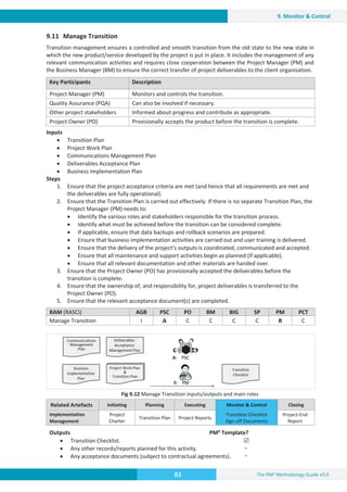 The PM² Methodology Guide v3.0
83
9. Monitor  Control
9.11 Manage Transition
Transition management ensures a controlled and smooth transition from the old state to the new state in
which the new product/service developed by the project is put in place. It includes the management of any
relevant communication activities and requires close cooperation between the Project Manager (PM) and
the Business Manager (BM) to ensure the correct transfer of project deliverables to the client organisation.
Key Participants Description
Project Manager (PM) Monitors and controls the transition.
Quality Assurance (PQA) Can also be involved if necessary.
Other project stakeholders Informed about progress and contribute as appropriate.
Project Owner (PO) Provisionally accepts the product before the transition is complete.
Inputs
x Transition Plan
x Project Work Plan
x Communications Management Plan
x Deliverables Acceptance Plan
x Business Implementation Plan
Steps
1. Ensure that the project acceptance criteria are met (and hence that all requirements are met and
the deliverables are fully operational).
2. Ensure that the Transition Plan is carried out effectively. If there is no separate Transition Plan, the
Project Manager (PM) needs to:
x Identify the various roles and stakeholders responsible for the transition process.
x Identify what must be achieved before the transition can be considered complete.
x If applicable, ensure that data backups and rollback scenarios are prepared.
x Ensure that business implementation activities are carried out and user training is delivered.
x Ensure that the delivery of the project’s outputs is coordinated, communicated and accepted.
x Ensure that all maintenance and support activities begin as planned (if applicable).
x Ensure that all relevant documentation and other materials are handed over.
3. Ensure that the Project Owner (PO) has provisionally accepted the deliverables before the
transition is complete.
4. Ensure that the ownership of, and responsibility for, project deliverables is transferred to the
Project Owner (PO).
5. Ensure that the relevant acceptance document(s) are completed.
RAM (RASCI) AGB PSC PO BM BIG SP PM PCT
Manage Transition I A C C C C R C
Fig 9.12 Manage Transition inputs/outputs and main roles
Related Artefacts Initiating Planning Executing Monitor  Control Closing
Implementation
Management
Project
Charter
Transition Plan Project Reports
Transition Checklist
Sign-off Documents
Project-End
Report
Outputs PM² Template?
x Transition Checklist.
x Any other records/reports planned for this activity.
x Any acceptance documents (subject to contractual agreements).
5
-
-
 