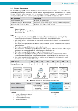 The PM² Methodology Guide v3.0
85
9. Monitor  Control
9.13 Manage Outsourcing
The Project Manager (PM) manages the delivery of all products and/or services that have been outsourced.
This work is undertaken in conjunction with the relevant procurement groups and the Contractor’s Project
Manager (CPM) in order to ensure that the contractor effectively manages the outsourced work and
delivers according to the time, cost and quality expectations defined in the Outsourcing Plan.
Key Participants Description
Project Manager (PM) Manages the contractor(s).
Contractor’s Project Manager(CPM) Delivers an acceptable quality of services as defined/requested.
Project Quality Assurance (PQA) Performs most of the quality controls.
Inputs
x Outsourcing Plan
x Business Case and Project Charter
x Project Work Plan
Steps
1. The Project Steering Committee (PSC) ensures that the contractor is chosen according to the
organisation’s processes and standards and to the criteria defined for the project.
2. The Project Steering Committee (PSC) ensures that all contracts clearly define the expectations of
both parties.
3. The Project Manager (PM) ensures that the working methods detailed in the project’s Outsourcing
Plan are applied.
4. The Project Manager (PM) monitors costs and schedules.
5. The Contractor’s Project Manager (CPM) reports on the project’s status and progress to the Project
Manager (PM) and, if necessary, the Project Steering Committee (PSC).
6. The Project Manager (PM) manages changes to the outsourced work.
7. The Project Manager (PM) and/or Project Steering Committee (PSC) validate interim and final
deliverables and/or milestones based on agreed criteria and as defined in the Outsourcing Plan.
8. The Project Manager (PM) ensures that the required formal approval is received on time and in
accordance with organisational standards.
RAM (RASCI) AGB PSC PO BM BIG SP PM PCT
Manage Outsourcing A C C C I S R I
Fig 9.14 Manage Outsourcing inputs/outputs and main roles
Related Artefacts Initiating Planning Executing Monitor  Control Closing
Outsourcing Management
Project Handbook
Outsourcing Plan
Deliverables
Acceptance Plan
Project
Reports
Outsourcing
Management artefacts
Project-End
Report
Outputs PM² Template?
x Status and progress report(s)
x Signed contract(s)
x Signed purchase order(s)
x Signed timesheet(s)
5
-
-
-
 