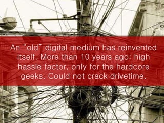 An “old” digital medium has reinvented
itself. More than 10 years ago: high
hassle factor, only for the hardcore
geeks. Could not crack drivetime.
 