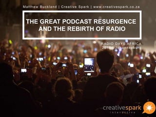 THE GREAT PODCAST RESURGENCE
AND THE REBIRTH OF RADIO
Matthew Buckland | Creative Spark | www.creati vespark.co.za
RADIO DAYS AFRICA
2015 | Johannesburg
 