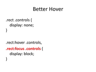 Better Hover
.rect .controls {
   display: none;
}

.rect:hover .controls,
.rect:focus .controls {
   display: block;
}
 