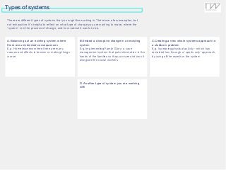 Types of systems
B.Embed a disruptive change in an existing
system
E.g. Implementing Family Story: a case
management system that puts information in the
hands of the families so they can see and own it
alongside the social workers
C.Creating a new whole systems approach to
a stubborn problem
E.g. Increasing physical activity - which has
remained low through a ‘sports only’ approach,
by using all the assets in the system
A.Balancing out an existing system where
there are unintended consequences
E.g. Homelessness where there are many
causes and effects in tension or making things
worse.
D. Another type of system you are working
with
There are different types of systems that you might be working in. These are a few examples, but
not exhaustive. It’s helpful to reflect on what type of change you are wanting to make, where the
‘system’ is in the process of change, and how radical it wants to be.
 