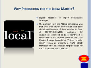 WHY PRODUCTION FOR THE LOCAL MARKET?

                Logical Response to import Substitution
                 Strategies.
                The problem from the ASEAN perspective was
                 that well after import substitution had been
                 abandoned by most of their member in favor
                 of    EXPORT-ORIENTED         strategies,    EC
                 investment continued to be concentrated in
                 raw materials and in production for the Local
                 Market. Surveys showed that EC firms consider
                 ASEAN region as primarily a FINAL GOOD
                 market and not as a location for production for
                 the European or World Markets.
 