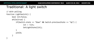 Traditional: A light switch
// With polling
function LightSwitch() {
      bool lit=false;
      while(true) {
          if(Switch.state == "Down" && Switch.previousState == "Up") {
                 lit = !lit;
                 SetLightState(lit);
          }
          yield;
      }
}
 