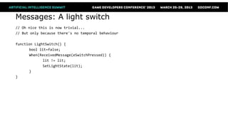 Messages: A light switch
// Oh nice this is now trivial...
// But only because there's no temporal behaviour

function LightSwitch() {
      bool lit=false;
      When(ReceivedMessage(eSwitchPressed)) {
             lit != lit;
             SetLightState(lit);
      }
}
 
