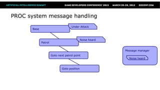PROC system message handling
                                      Under Attack
       Base



                                               Noise heard
              Patrol


                                                             Message manager
                       Goto next patrol point
                                                               Noise heard


                               Goto position
 