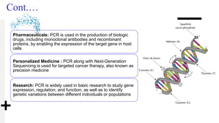 Cont.…
Pharmaceuticals: PCR is used in the production of biologic
drugs, including monoclonal antibodies and recombinant
proteins, by enabling the expression of the target gene in host
cells
Personalized Medicine : PCR along with Next-Generation
Sequencing is used for targeted cancer therapy, also known as
precision medicine
Research: PCR is widely used in basic research to study gene
expression, regulation, and function, as well as to identify
genetic variations between different individuals or populations
 