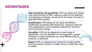 ADVANTAGES
High sensitivity and specificity: PCR can detect and amplify
very small amounts of DNA, making it useful for the detection
and diagnosis of disease, as well as for the study of ancient or
degraded DNA samples
Amplification: PCR allows for the rapid and efficient
amplification of specific DNA sequences, making it useful for
many applications, such as genetic engineering, forensics,
and evolutionary biology
Versatility: PCR can be adapted to a wide range of
applications, such as detection of microorganisms, genetic
mutations, or gene expression, by using different primers,
enzymes, or protocols
Speed: PCR is a relatively fast method for amplifying DNA
and can produce results in a matter of hours, rather than days
or weeks
 