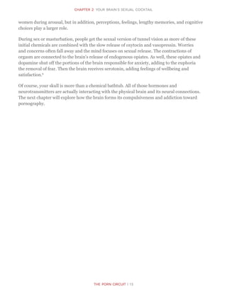 The Porn Circuit | 13
CHapter 2: Your Brain’s Sexual Cocktail
women during arousal, but in addition, perceptions, feelings, lengthy memories, and cognitive
choices play a larger role.
During sex or masturbation, people get the sexual version of tunnel vision as more of these
initial chemicals are combined with the slow release of oxytocin and vasopressin. Worries
and concerns often fall away and the mind focuses on sexual release. The contractions of
orgasm are connected to the brain’s release of endogenous opiates. As well, these opiates and
dopamine shut off the portions of the brain responsible for anxiety, adding to the euphoria
the removal of fear. Then the brain receives serotonin, adding feelings of wellbeing and
satisfaction.6
Of course, your skull is more than a chemical bathtub. All of those hormones and
neurotransmitters are actually interacting with the physical brain and its neural connections.
The next chapter will explore how the brain forms its compulsiveness and addiction toward
pornography.
 